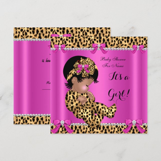 Invitación Baby Shower Baby Cute Chica Leopardo Hot Pink Gold (Anverso / Reverso)