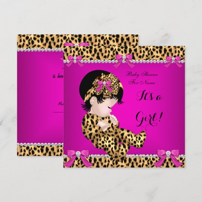 Invitación Baby Shower Baby Cute Chica Leopardo Hot Pink Gold (Anverso / Reverso)