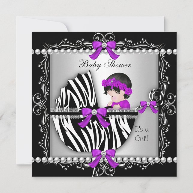 Invitación Baby Shower Baby Cute Chica Zebra Pram Silver (Anverso)
