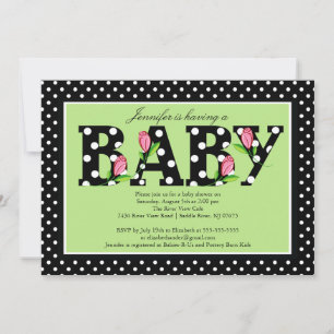Invitación Baby Shower "baby" de punto de polka verde negro