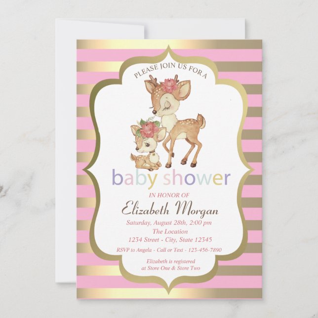 Invitación Baby Shower Baby Deer Flower Gold Stripe (Anverso)