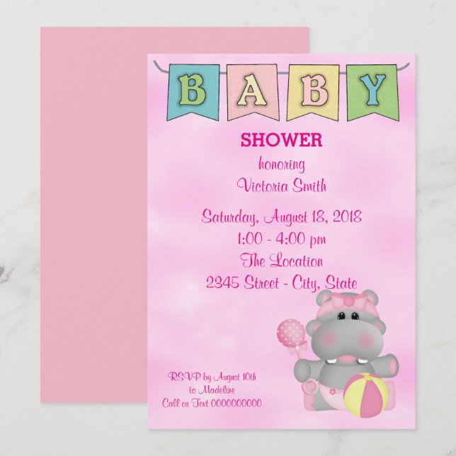 Invitación Baby Shower Baby Girl Hippo (Anverso / Reverso)