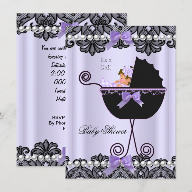 Invitación Baby Shower Baby Girl Lavender Purple Black Lace (Anverso / Reverso)
