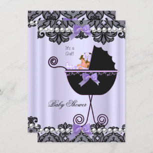 Invitación Baby Shower Baby Girl Lavender Purple Black Lace