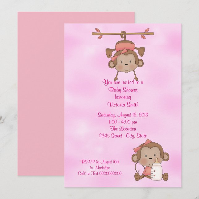 Invitación Baby Shower Baby Girl Monkey (Anverso / Reverso)
