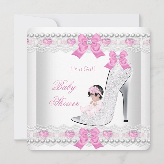 Invitación Baby Shower Baby Girl Pink White Lace Heart Shoes (Anverso)