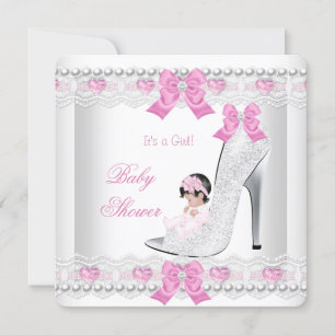 Invitación Baby Shower Baby Girl Pink White Lace Heart Shoes