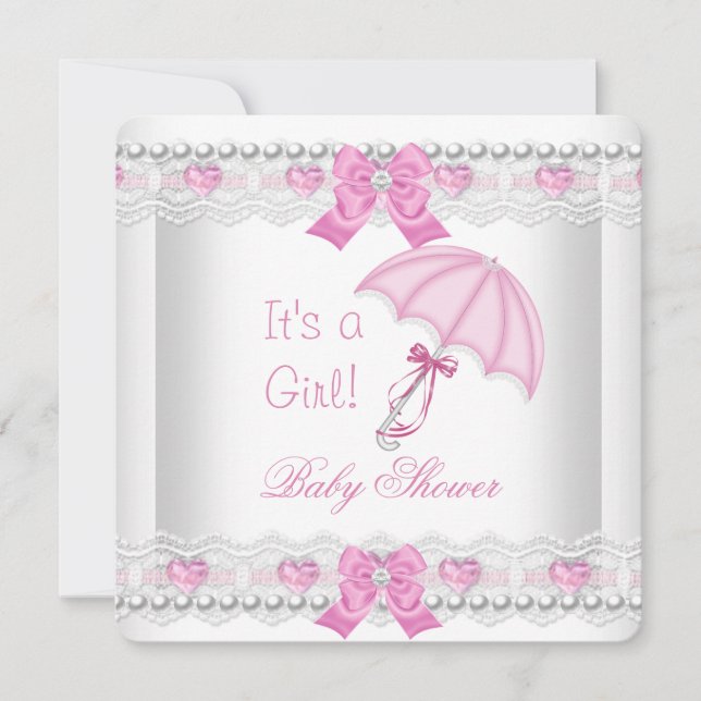 Invitación Baby Shower Baby Girl Pink White Lace Umbrella (Anverso)
