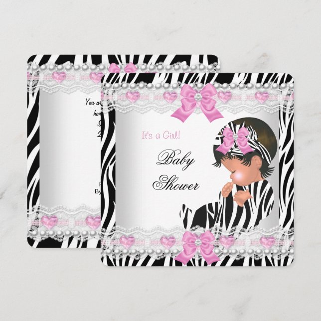Invitación Baby Shower Baby Girl Pink Zebra Heart (Anverso / Reverso)