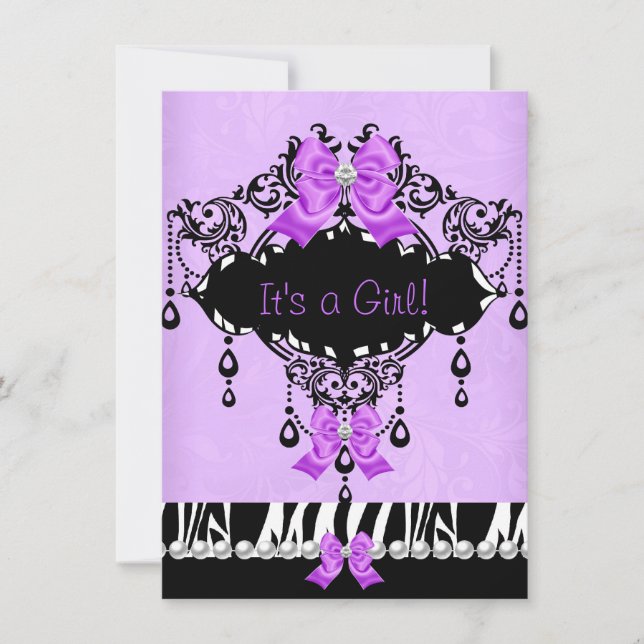 Invitación Baby Shower Baby Girl Purple Pink Zebra Bow (Anverso)