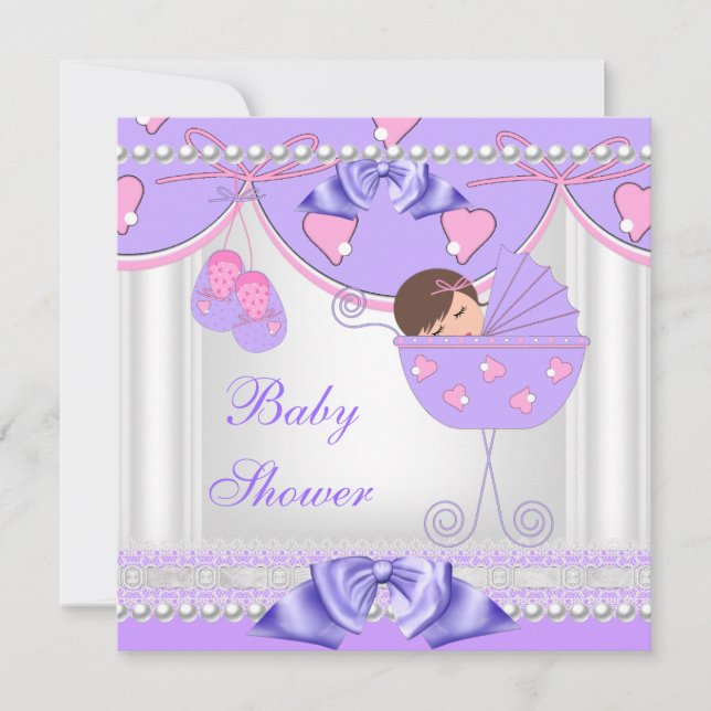 Invitación Baby Shower Baby Girl White Pink Purple Pearl Lace (Anverso)
