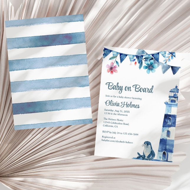 Invitación Baby Shower "Baby on Board" de la Marina Cute (Cute Navy "Baby on Board" Baby Shower Invitation on a sunny neutral dry palm leaf.)