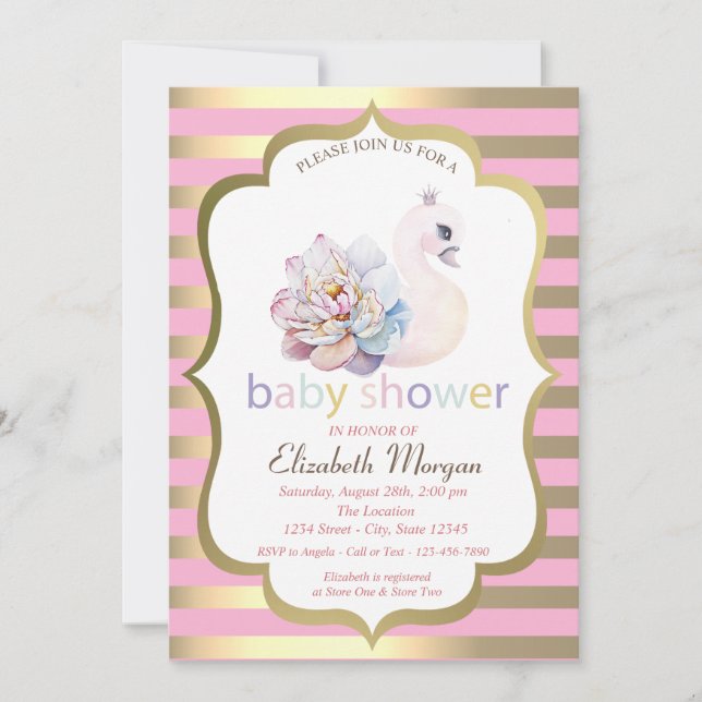 Invitación Baby Shower Baby Swan Flower Gold Stripe (Anverso)