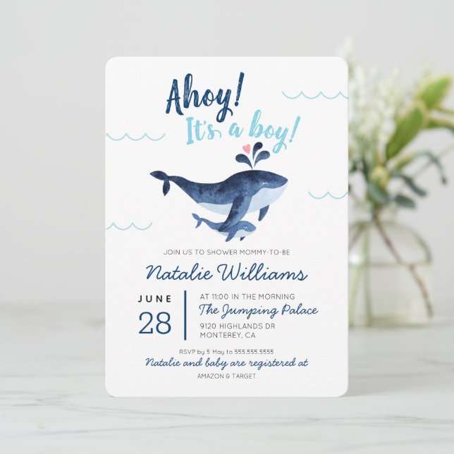 Invitación Baby Shower: ballenas náuticas bajo el mar (Anverso de pie)