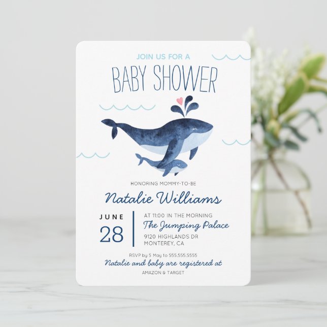 Invitación Baby Shower: ballenas náuticas bajo el mar (Anverso de pie)