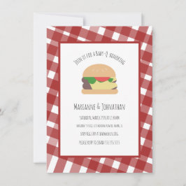 Invitación Baby Shower Barbacoa Patio Hamburguesa Cuadros Roj