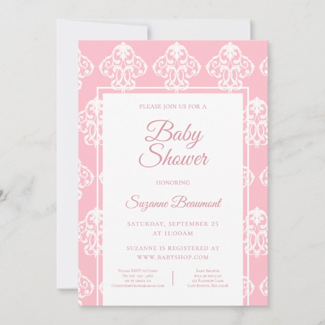 Invitación Baby Shower barroca en blanco rosado (Anverso)