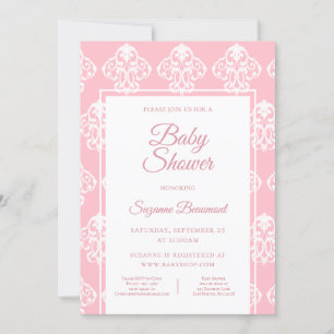 Invitación Baby Shower barroca en blanco rosado