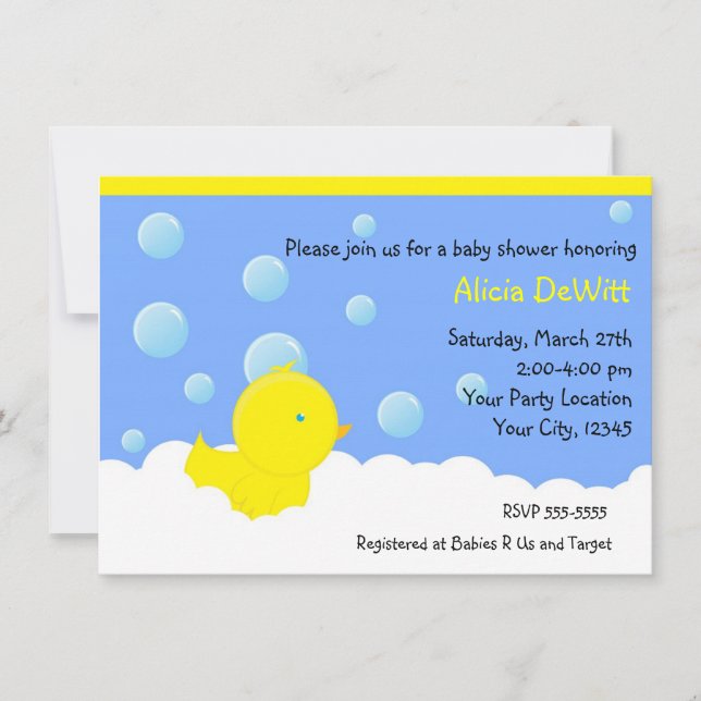 Invitación Baby Shower Bath Yellow Rubber Duckie (Anverso)
