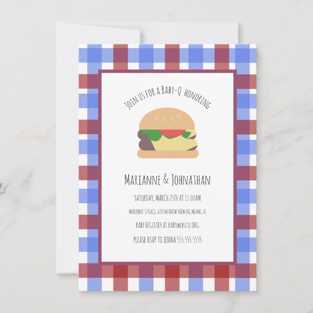 Invitación Baby Shower BBQ Backyard Hamburger Plaid (Anverso)