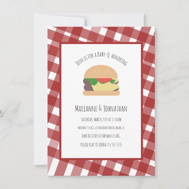 Invitación Baby Shower BBQ Backyard Hamburger Plaid Red (Anverso)
