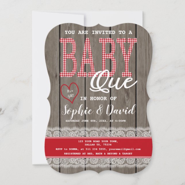 Invitación Baby Shower BBQ Chica Ruso Red Gingham Wood (Anverso)