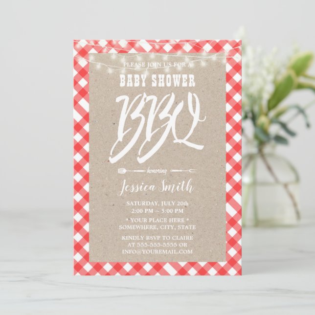 Invitación Baby Shower BBQ Red Plaid Rustic Kraft (Anverso de pie)