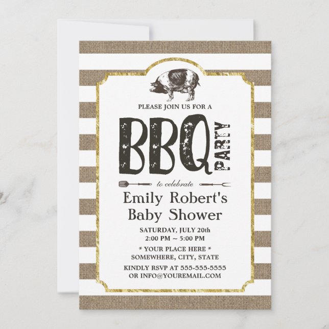 Invitación Baby Shower BBQ Rustic Burlap Stripes (Anverso)