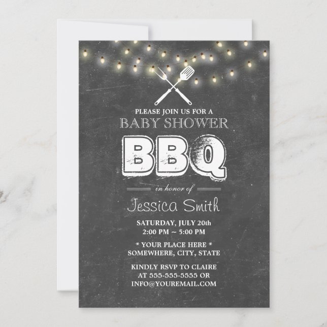 Invitación Baby Shower BBQ Summer String Lights Chalkboard (Anverso)