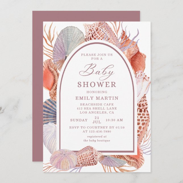 Invitación Baby Shower Beach Seasheles Acuarela Náutica En (Anverso / Reverso)