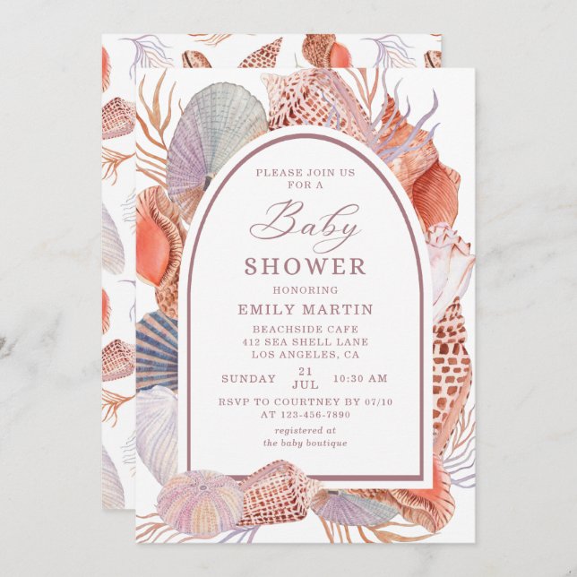 Invitación Baby Shower Beach Seasheles acuarela Nautical (Anverso / Reverso)