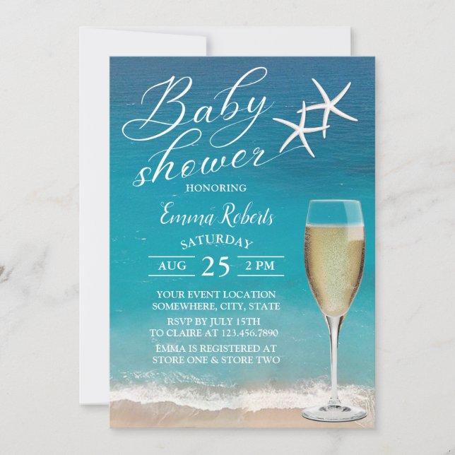 Invitación Baby Shower Beach Starfish & Champagne Glass (Anverso)