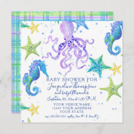 Invitación Baby Shower Beach Starfish Octopus Seahors Plaid