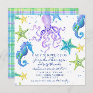Invitación Baby Shower Beach Starfish Octopus Seahors Plaid