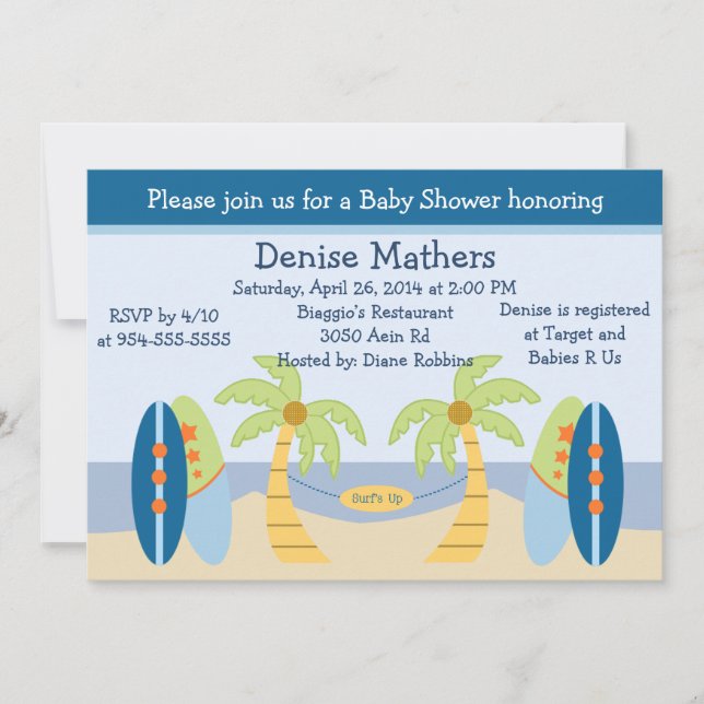 Invitación Baby Shower "Beach/Surfboards" (Anverso)