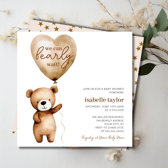 Invitación Baby Shower Bear Balloon Bearly Wait (Bear Balloon Bearly Wait Baby Shower Invitation)