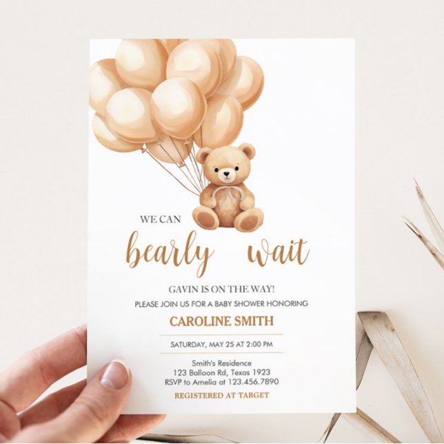 Invitación Baby Shower Bear Brown Balloon (We Can Bearly Wait Baby Shower Invitation)