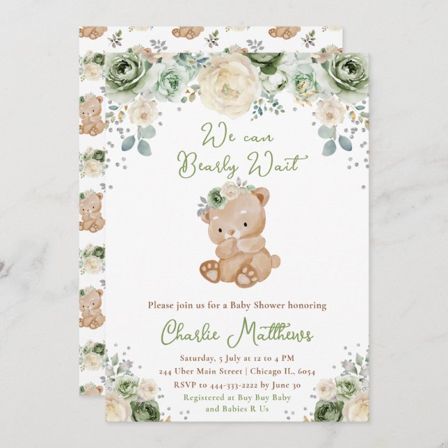 Invitación Baby Shower Bear Sage Green y Ivory Flowers (Anverso / Reverso)