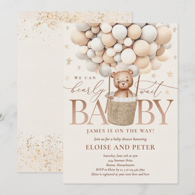 Invitación Baby Shower Bearly Wait Neutral Bear Bear Balloon (Anverso / Reverso)