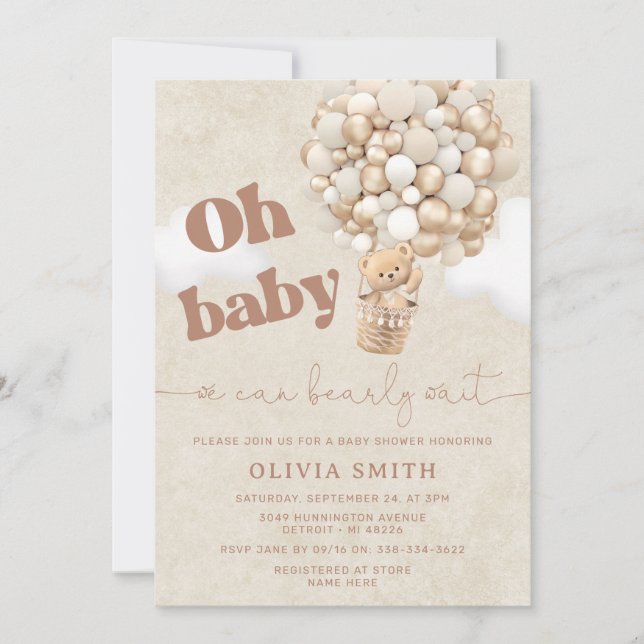 Invitación Baby Shower Bearly Wait Neutral Bear Bear Balloon (Anverso)