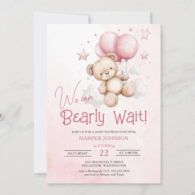 Invitación Baby Shower Bearly Wait Pink Balloons (Anverso)