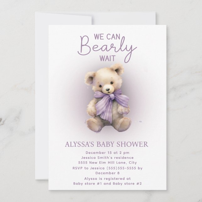 Invitación Baby Shower Bearly Wait Purple Lavender (Anverso)
