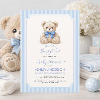 Invitación Baby Shower Bearly Wait Teddy Bear & Blue Stripes