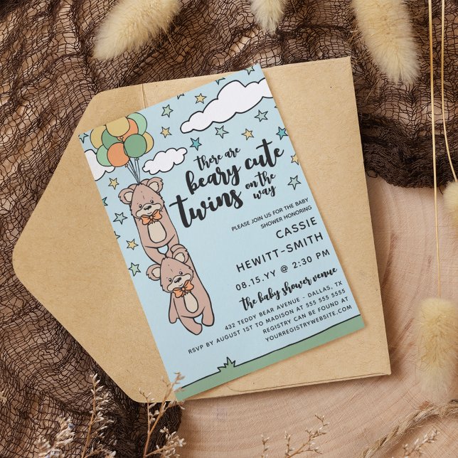 Invitación Baby Shower Beary Cute Twins Neutral de Género (Subido por el creador)