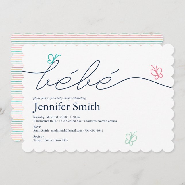 Invitación Baby Shower Bebe Butterfly sencillo en francés (Anverso / Reverso)