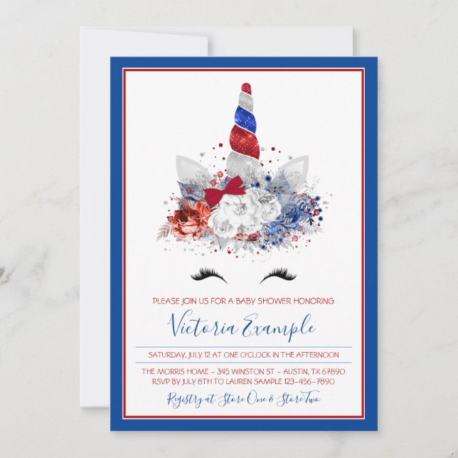 Invitación Baby Shower, bebé militar de Unicorn, patriota y c (Anverso)