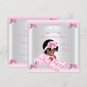 Invitación Baby Shower Bebé Niña Oso Rosa Afroamericana