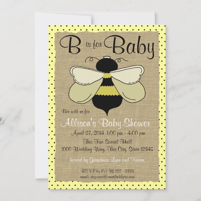 Invitación Baby Shower Bee and Burlap (Anverso)