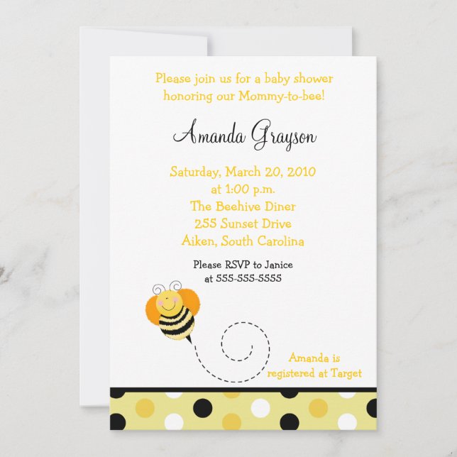 Invitación Baby Shower Bee Hop Bumble Bee (Anverso)