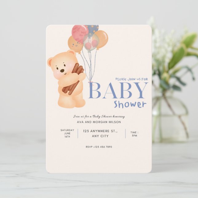 Invitación Baby Shower Beige Blue Cute Bear (Anverso de pie)